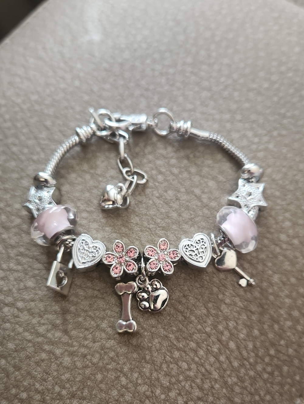 Silver Tone Charm Bracelet with Pink Beads - Picture 4 of 4